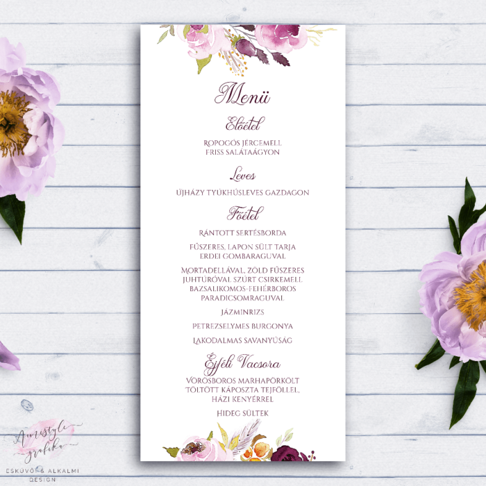 Burgundy Esküvői Menü Kártya Lap Burgundy Esküvői Menü Kártya Lap