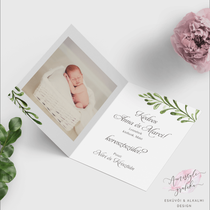 Zöldleveles Keresztszülő Felkérő Lap - Nyitható Zöldleveles Keresztszülő Felkérő Lap - Nyitható