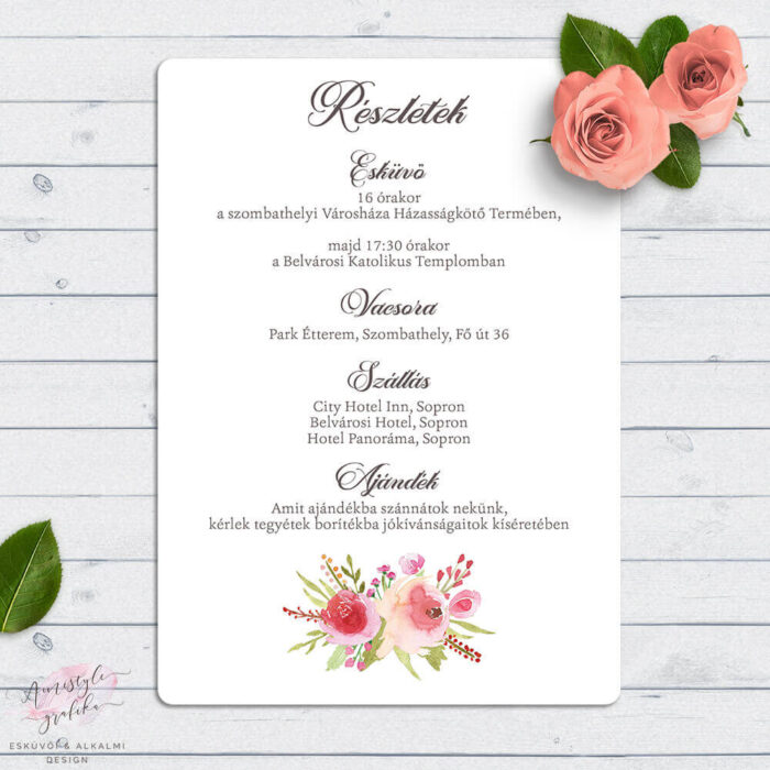 Akvarell Rózsás Kétoldalas Esküvői Meghívó Akvarell Rózsás Kétoldalas Esküvői Meghívó