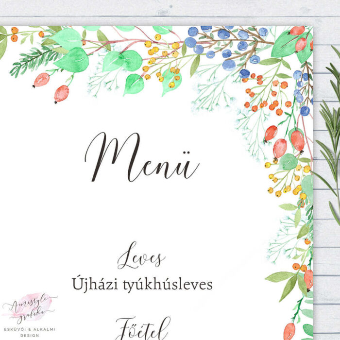 Őszi Bogyós Esküvői Menü Kártya Lap Őszi Bogyós Esküvői Menü Kártya Lap