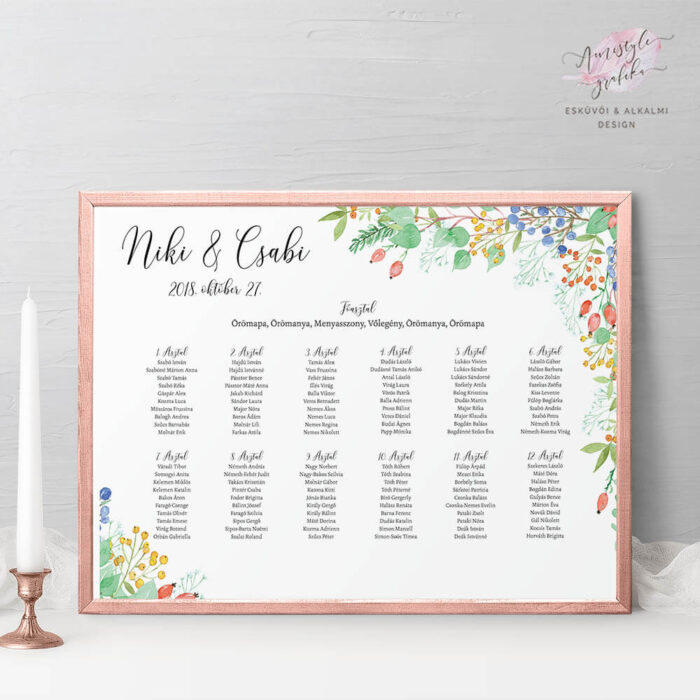 Festett Őszi Bogyós Esküvői Ültetési Rend - Álló vagy Fekvő Festett Őszi Bogyós Esküvői Ültetési Rend - Álló vagy Fekvő