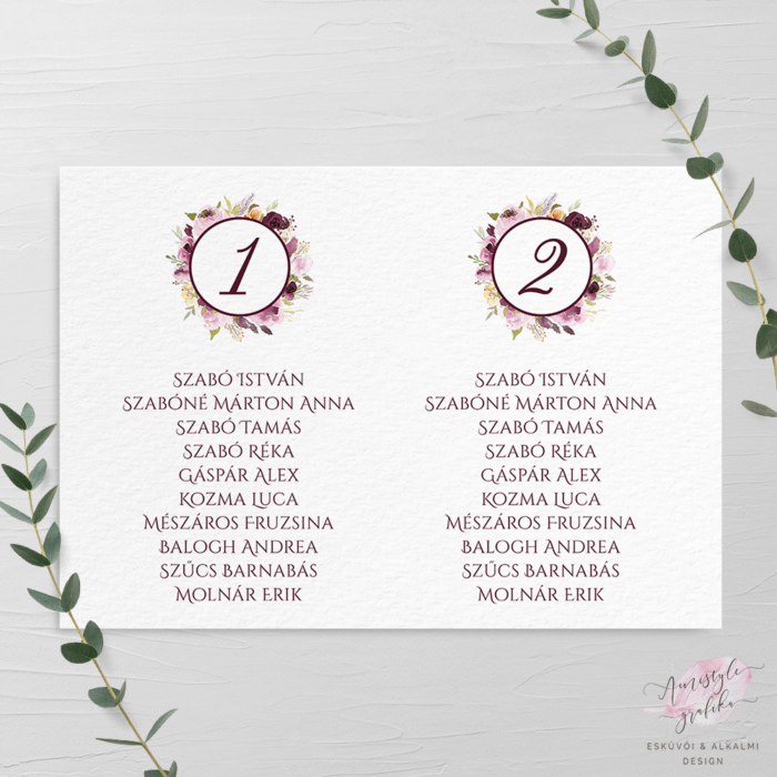 Bordó Virágos Festett Esküvői Ültetési Rend - A4 5 Lapos Bordó Virágos Festett Esküvői Ültetési Rend - A4 5 Lapos