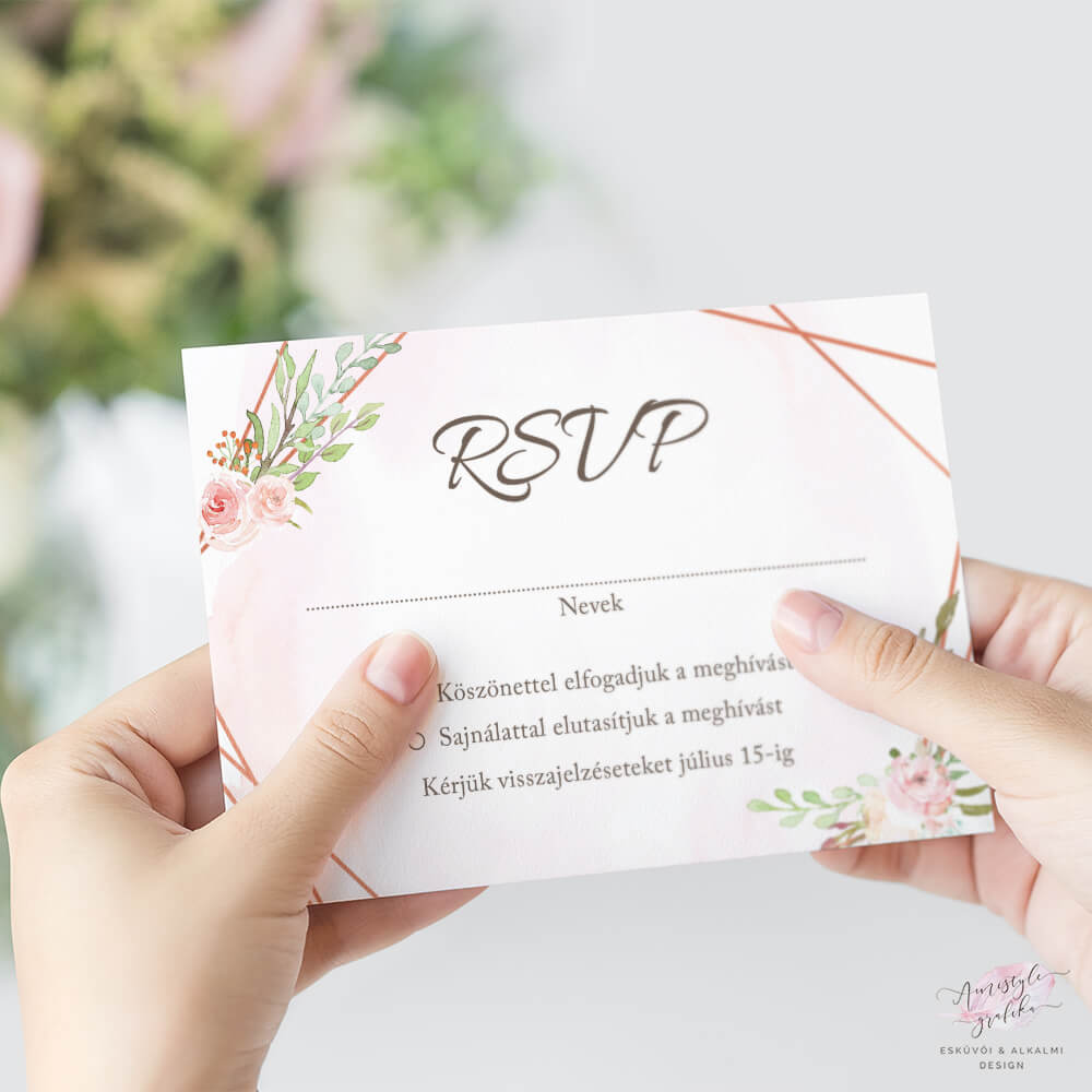 Akvarell és Rosegold Esküvői RSVP Válaszkártya