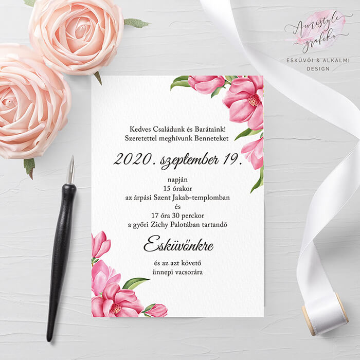 Pink Magnólia Egylapos Esküvői Meghívó