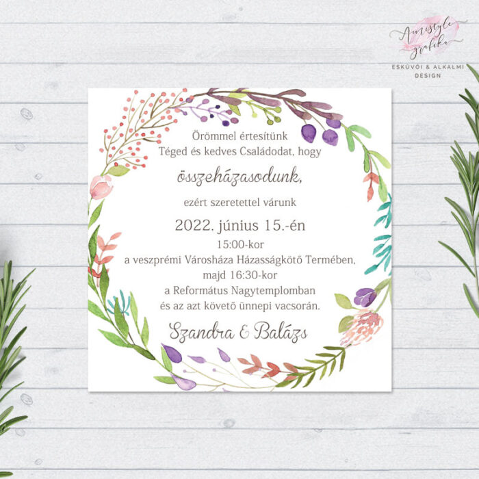 Virágkoszorús Négyzetes Esküvői Meghívó Virágkoszorús Négyzetes Esküvői Meghívó