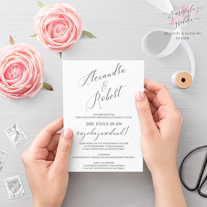 Minimalista Kalligrafikus Egylapos Esküvői Meghívó