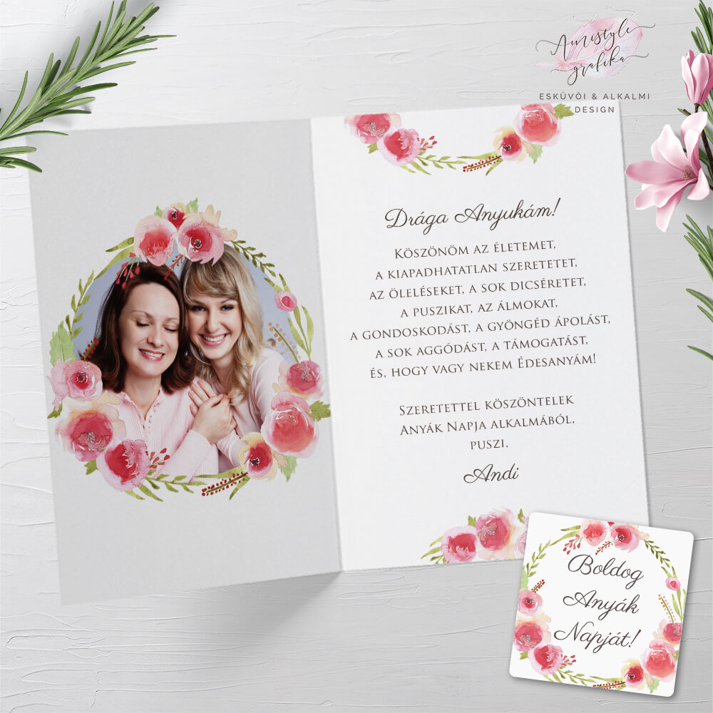 Rózsakoszorús Anyák Napi Fényképes Üdvözlőlap Ajándékkísérő Kártyával