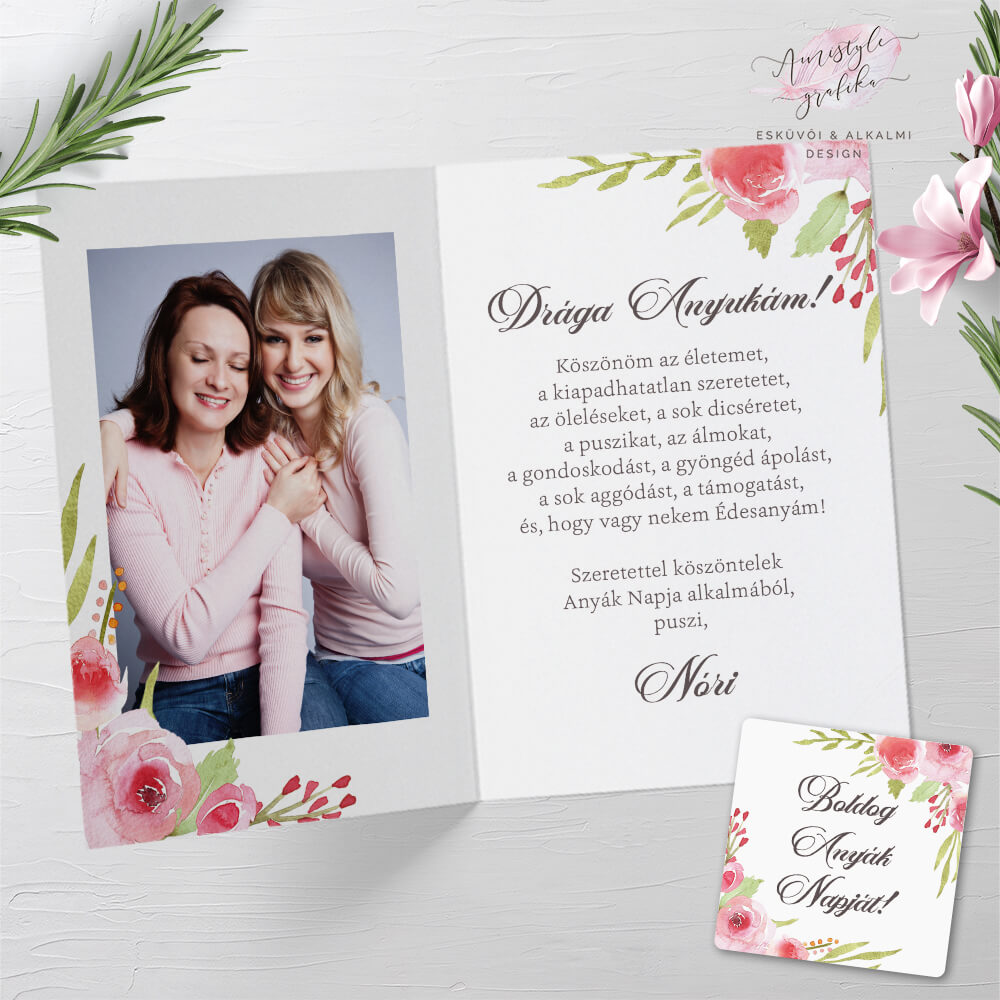 Rózsás Anyák Napi Fényképes Üdvözlőlap Ajándékkísérő Kártyával