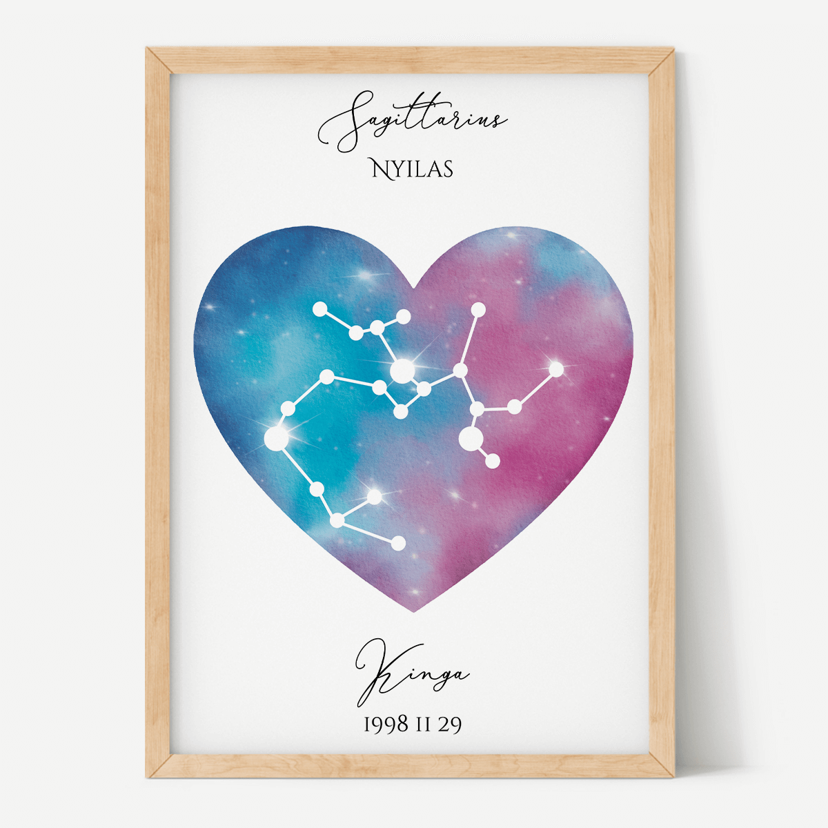 Kék Lila Égbolt - Szív - Személyre szabott csillagjegyes poszter - Választható csillagjegy
