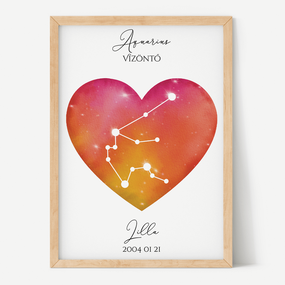 Vörös-Narancs Égbolt - Szív - Személyre szabott csillagjegyes poszter - Választható csillagjegy