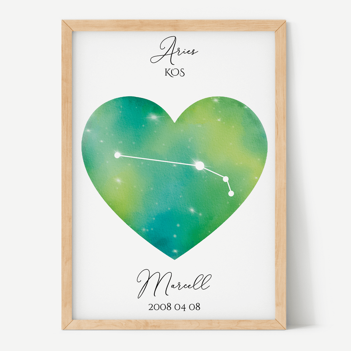 Zöld-Sárga Égbolt - Szív - Személyre szabott csillagjegyes poszter - Választható csillagjegy