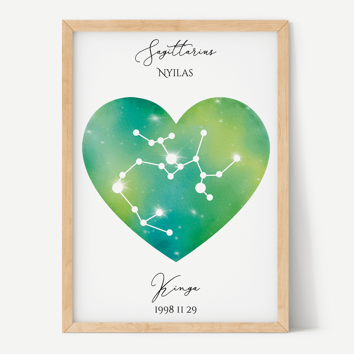 Zöld-Sárga Égbolt - Szív - Személyre szabott csillagjegyes poszter - Választható csillagjegy
