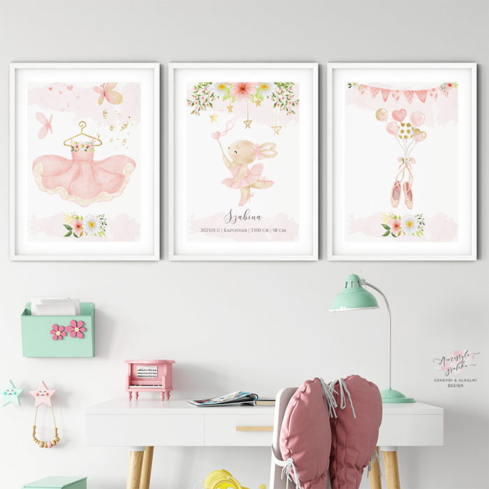 Bunny Ballerina 3 db-os Gyerekszoba Dekor Falikép Szett (Több méretben) Bunny Ballerina 3 db-os Gyerekszoba Dekor Falikép Szett (Több méretben)