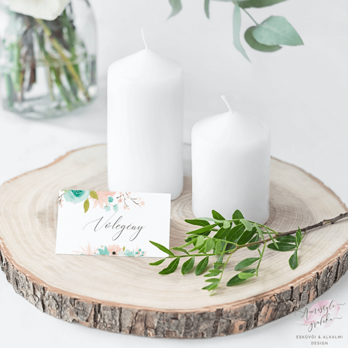 Púder Menta Akvarell Zöldleveles Esküvői Ültetőkártya Púder Menta Akvarell Zöldleveles Esküvői Ültetőkártya