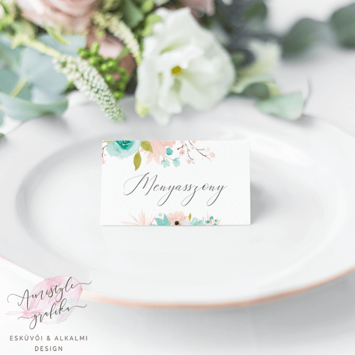 Púder Menta Akvarell Zöldleveles Esküvői Ültetőkártya Púder Menta Akvarell Zöldleveles Esküvői Ültetőkártya