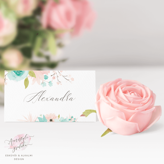 Púder Menta Akvarell Zöldleveles Esküvői Ültetőkártya Púder Menta Akvarell Zöldleveles Esküvői Ültetőkártya