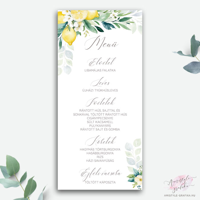 Amalfi Lemon Egyoldalas Esküvői Menü Kártya Lap Amalfi Lemon Egyoldalas Esküvői Menü Kártya Lap